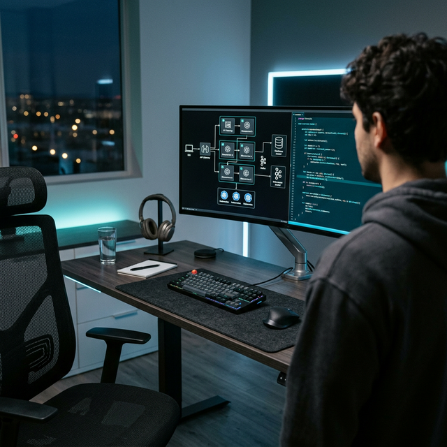 Engineer analysing distributed systems architecture on a dark-mode display