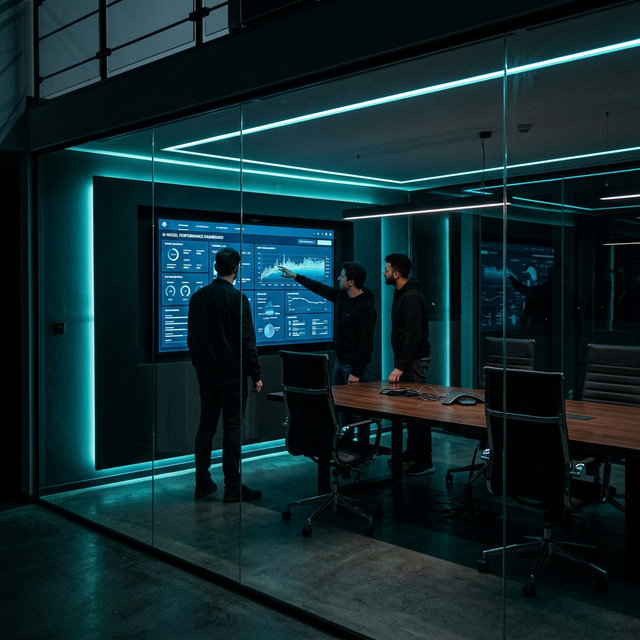 Engineering team collaborating in a glass-walled briefing room with AI dashboards