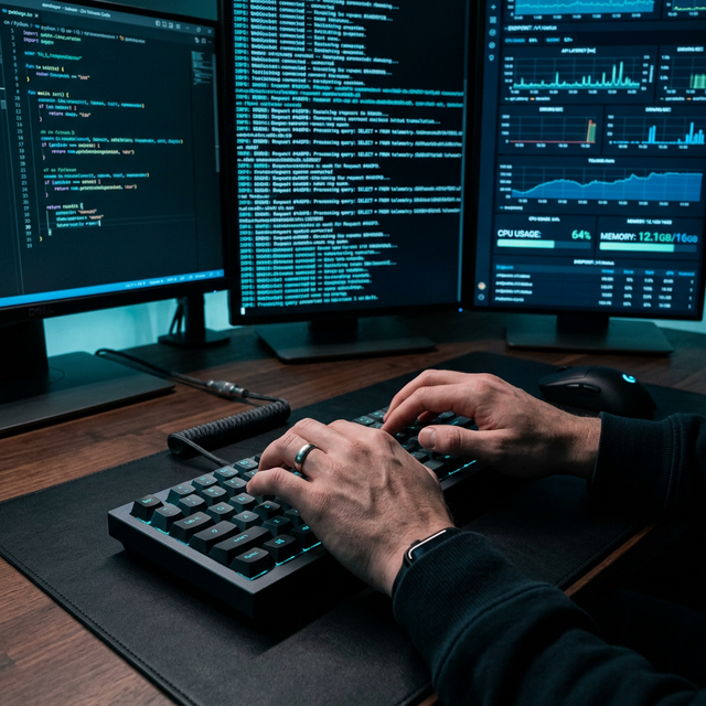 Developer at a premium workstation with real-time telemetry dashboards