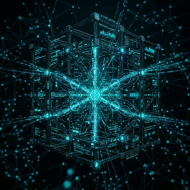 Bespoke AI processing core with interconnected computational nodes and data throughput visualisations