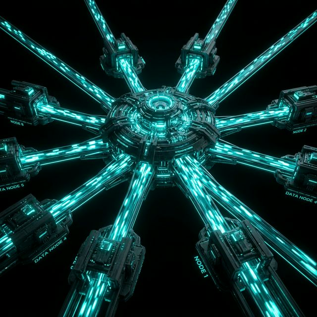 Central glowing hub routing bright data packets to multiple outward nodes in a perfectly organised spoke architecture