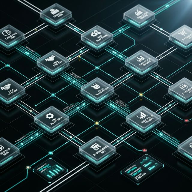 Bespoke API routing matrix showing interconnected enterprise systems with real-time data conduits and synchronisation pathways