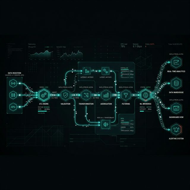 Bespoke automation pipeline schematic showing interconnected workflow nodes with real-time data streams and processing stages