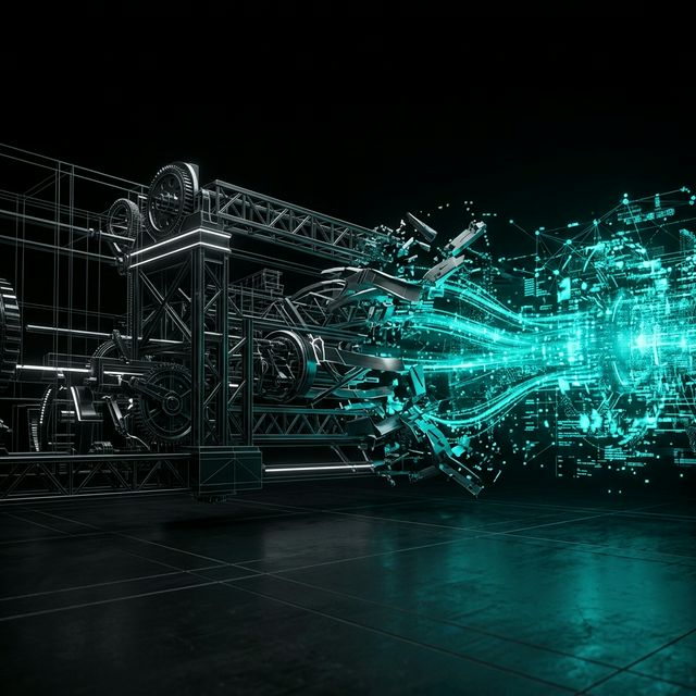 Abstract structural blueprint transforming into a digital data core