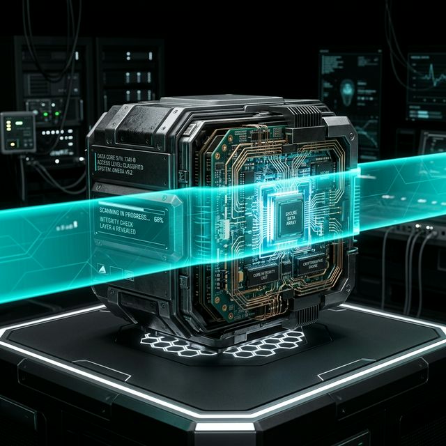 High-tech diagnostic scan revealing the inner layers of a secure data core