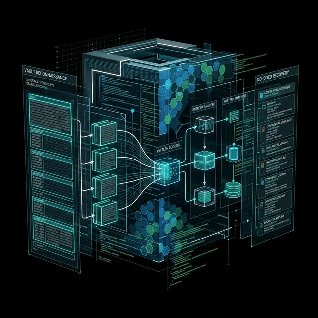 A dark-mode, high-fidelity 3D render of a clinical, high-tech forensic scan systematically highlighting and decoding the complex, hidden layers of a secure data vault. Elite code diagnostics.