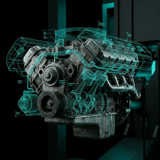 Glowing digital blueprint overlaying an old metallic engine block, illustrating the transformation from mechanical to digital