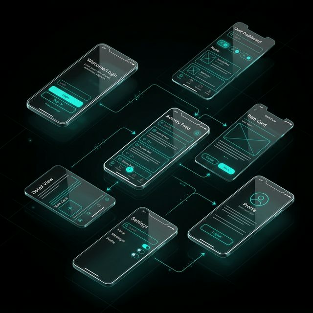 Bespoke mobile UI wireframes floating in 3D isometric space, illustrating the user journey architecture for custom iOS and Android app development