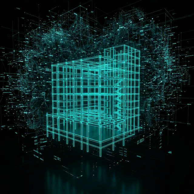 Glowing, minimalist architectural blueprint layered over a complex, unprioritised data cloud