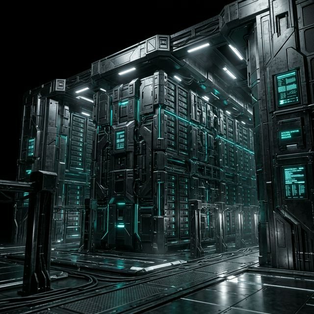 Secure metallic vault database matrix with teal accent lighting
