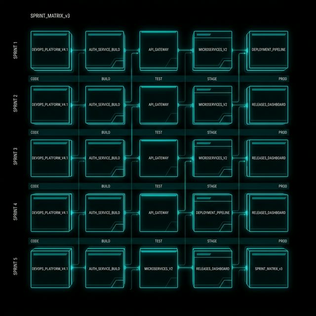 Agile sprint deployment matrix showing modular code blocks locking into a scalable architecture with CI/CD pipeline visualisation