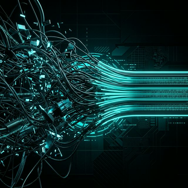 Tangled, chaotic digital wires and fragmented data streams perfectly realigning and sorting into sleek optic lines