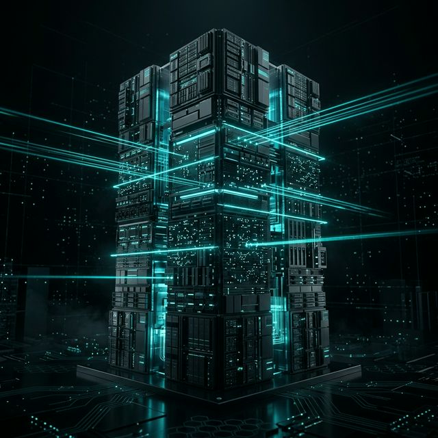 A dark-mode, high-fidelity 3D render of a glowing, monolithic server core composed of vertically integrated, flawlessly structured data layers and API nodes illuminated by Petronas Teal lasers.