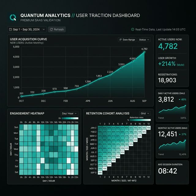 High-fidelity analytics dashboard displaying early user traction data, engagement metrics, and retention curves for venture capital validation
