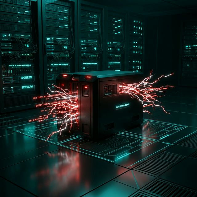 A dark-mode, high-fidelity 3D render of an opaque, sleek black box glowing ominously with erratic red and white data streams leaking from its seams, sitting on a pristine, secure digital server floor illuminated by Petronas Teal. A hidden architectural vulnerability.